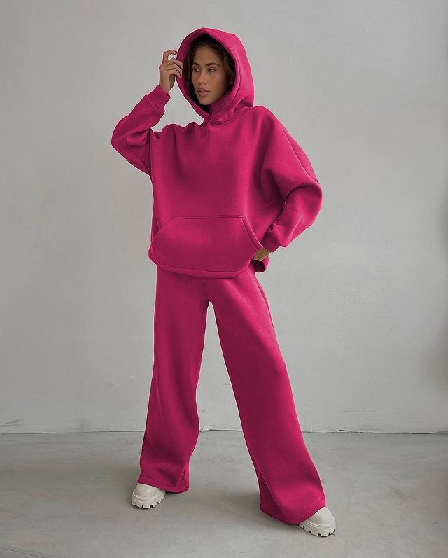 Women's Clothing Women's Loose Fit Hoodie & Jogger Set - Casual Pocket Hoodie With Straight Leg Pants (Black, Khaki, Green, Blue, Rose Red)_ecoleips.com