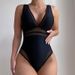 Trendy V-Neck One-Piece Swimsuit For Women - Sexy High-Waisted Slim Fit Bathing Suit, Comfortable Swimwear For Pool & Beach (Black/Blue, S/M/L)_ecoleips.com