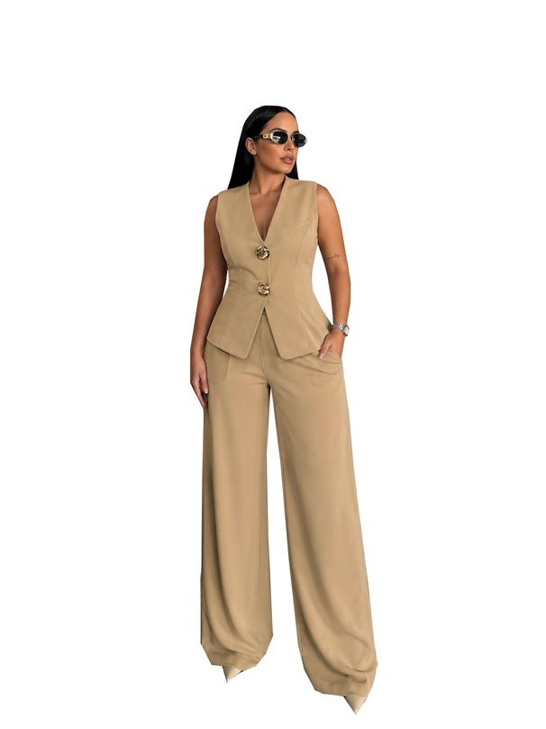 TW889 Women's Elegant Solid Color Gold Button Vest And High-Waisted Wide Leg Pants Set European And American Style Cross Border Fashion_ecoleips.com