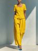Women's Clothing Women's Elegant Two Piece Set Fashion Solid Color Cotton Linen Loose Short Sleeve Top High Waisted Trousers_ecoleips.com
