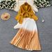 Women's Clothing Fashion Gradient Color Suit Loose Strap Waist Pleated Top High Waist Pleated Skirt_ecoleips.com