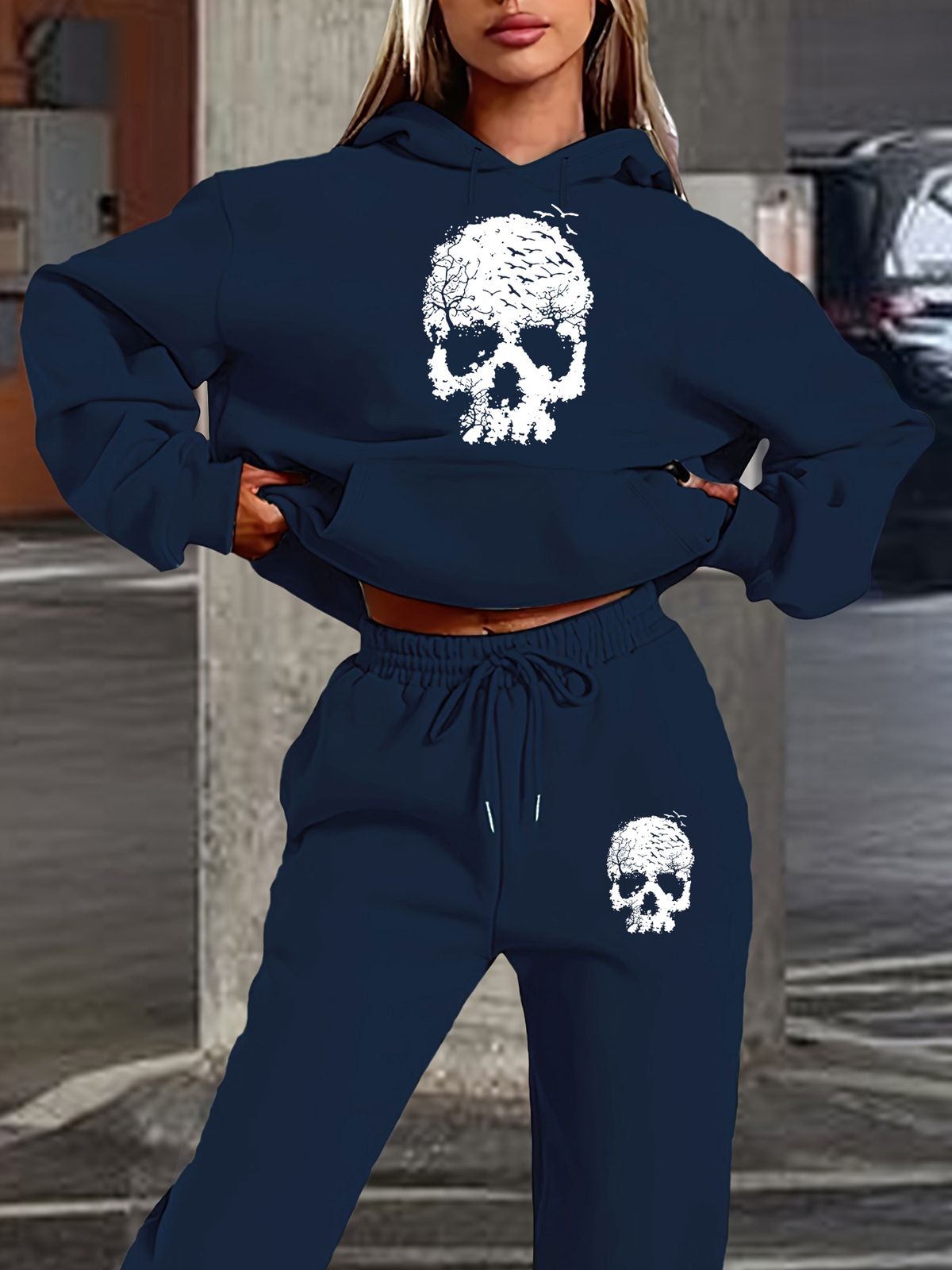 Women's Autumn/Winter Casual Fashion Skull Pattern Printed Thick Fleece Warm Hoodie+Sports Pants Set-709_ecoleips.com