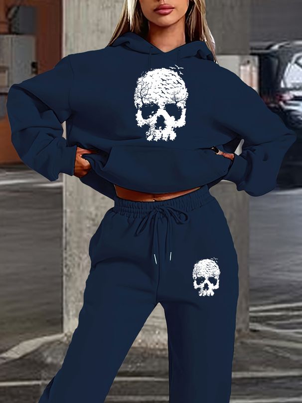 Women's Autumn/Winter Casual Fashion Skull Pattern Printed Thick Fleece Warm Hoodie+Sports Pants Set-709_ecoleips.com