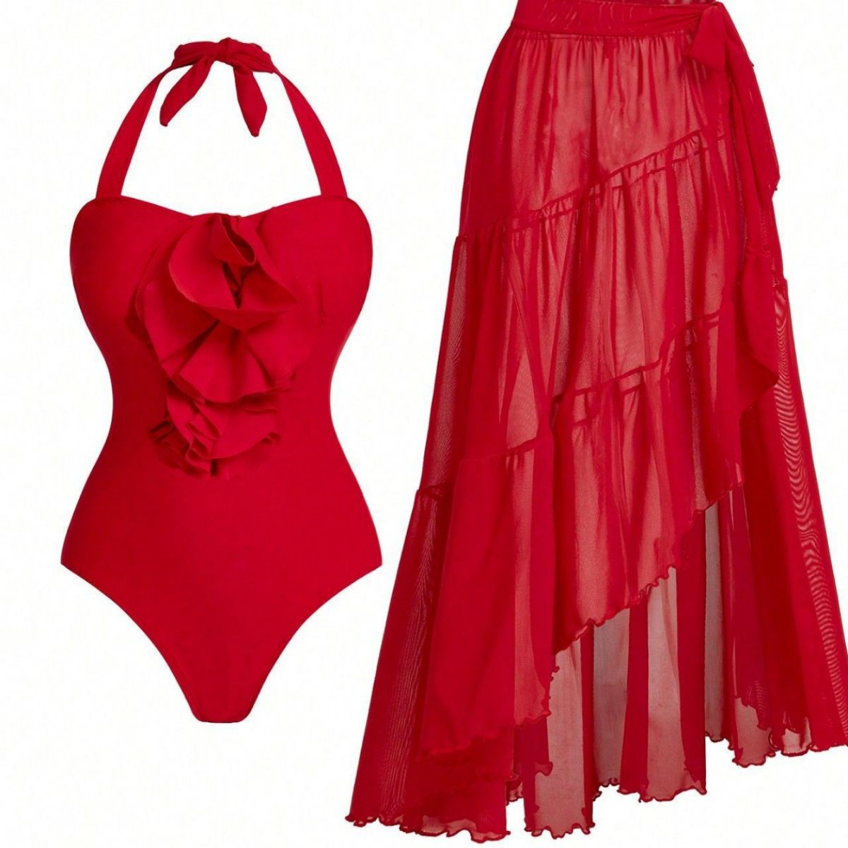 New 2026 Fiery Red Elegant One Piece Bikini Skirt With Slit Maxi Skirt Beach Swimsuit Set Spaghetti Strap Women's Swimwear_ecoleips.com
