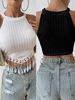 2026 Spring/Summer New Style Elegant Fringe Blouse, Short Style, Slim-Fitting, Slimming, Crop Top With Exposed Neckline_ecoleips.com