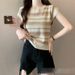 Vintage Stripe 3d Effect Short Sleeve Knit Top For Women, Breathable Polyester Blend Casual Crewneck Shirt, Office & Daily Wear_ecoleips.com