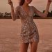 Women Long Sleeve Sexy Deep V Neck See Through Sequined Bodycon Dress Party Cocktail Evening Glitter Bodycon Dress_ecoleips.com