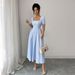 Elegant Blue White Striped Dress Puff Sleeves Women's Spring Summer_ecoleips.com