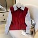 Korean Style Women's Patchwork Faux Knit Sweater Two Piece Set Casual Elegant Autumn Top For Adult Chic Design_ecoleips.com