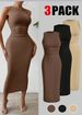 Curvy Women 3 Pack Ruched Waist Tank Maxi Dress, Crew Neck Versatile Long Dress Set_ecoleips.com