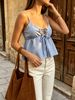 Women Blue White Striped Spaghetti Strap Cami Top, Front Tie Keyhole Peplum Flowy Babydoll Summer Tank Top_ecoleips.com