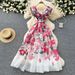 Elegant French Dress For Women Ruffled V Neck Slim Waist Printed Long Skirt Summer High End Fashion_ecoleips.com