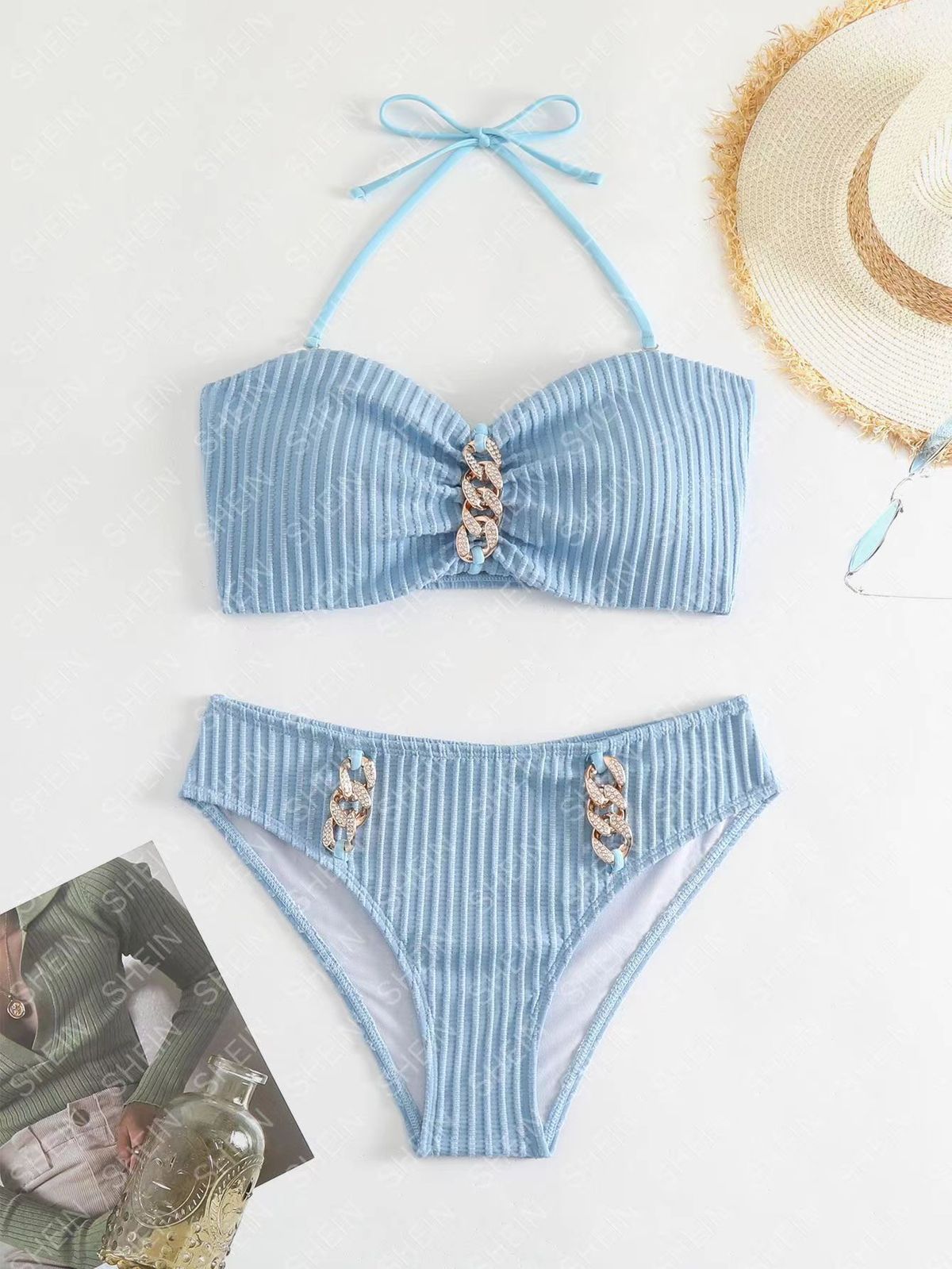 Women's Clothing Striped Halter Neck Fashion Split Biniki Swimsuit Female_ecoleips.com