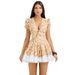 European And American Women's Fashion Export Clothing Sexy Hot Girl Deep V Print Waist-Cinching Fluffy Mini Dress Short_ecoleips.com