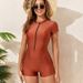 Women's Solid Color One Piece Swimsuit Short Sleeve Zippered Conservative Wetsuit for Small Busts European American Style_ecoleips.com