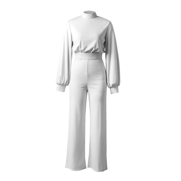 Women's Sexy Wide Leg Pants Summer Solid Color High Neck Backless Long Sleeved Casual Jumpsuit Trousers_ecoleips.com
