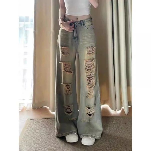 American Retro Ripped Straight-leg Jeans For Women, New Summer Style, Plus Size, High-waisted, Casual, Versatile,_ecoleips.com