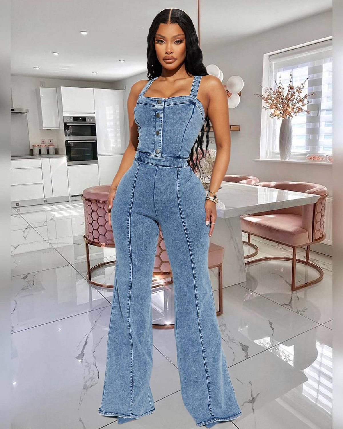 Women's Clothing New Fashion Casual Button High Waist Sexy Flared Denim Overalls_ecoleips.com