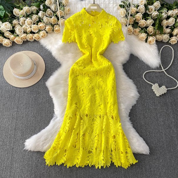 Women's Clothing Celebrity High End Heavy Hollow Water Soluble Lace Stand Up Collar Dress Female Summer Temperament Elegant Fishtail Dress Long Skirt_ecoleips.com