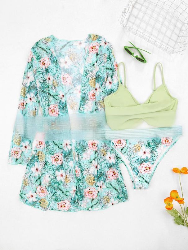 Women's Clothing Three Piece Swimsuit Multicolor Printed Cover Up Sun Protection Suit Triangle Gathered Foreign Trade Swimsuit_ecoleips.com