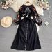 Women's Retro Ethnic Style Long Sleeve Dress Spring Autumn Slim Waist A-Line Cotton Linen Round Neck Elegant Lantern Dress_ecoleips.com