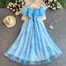 Women's French Style Maxi Dress Gentle Youthful Printed Pleated Square Neck Puff Sleeve Unique Exquisite Mesh Princess Dress_ecoleips.com