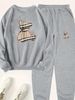 Women's Fleece Lined Sweatshirt Set American Style Two Piece Set Crew Neck Casual Printed Sweatshirt_ecoleips.com