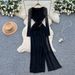 High-End Women's Dress Rhinestone Embellished Slimming And Flattering Pleated Waist Long Sleeves Flowing Ribbons_ecoleips.com