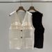 V-Neck Sleeveless Vest With Ruffle Trim And Button Front - Versatile Layering Piece For Women Comfortable Relaxed Fit_ecoleips.com