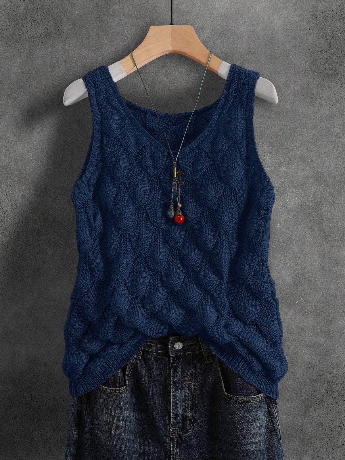 Casual Knit Vacation Sleeveless Top, Women's V-Neck Loose Fit Camisole_ecoleips.com