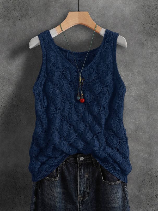 Casual Knit Vacation Sleeveless Top, Women's V-Neck Loose Fit Camisole_ecoleips.com
