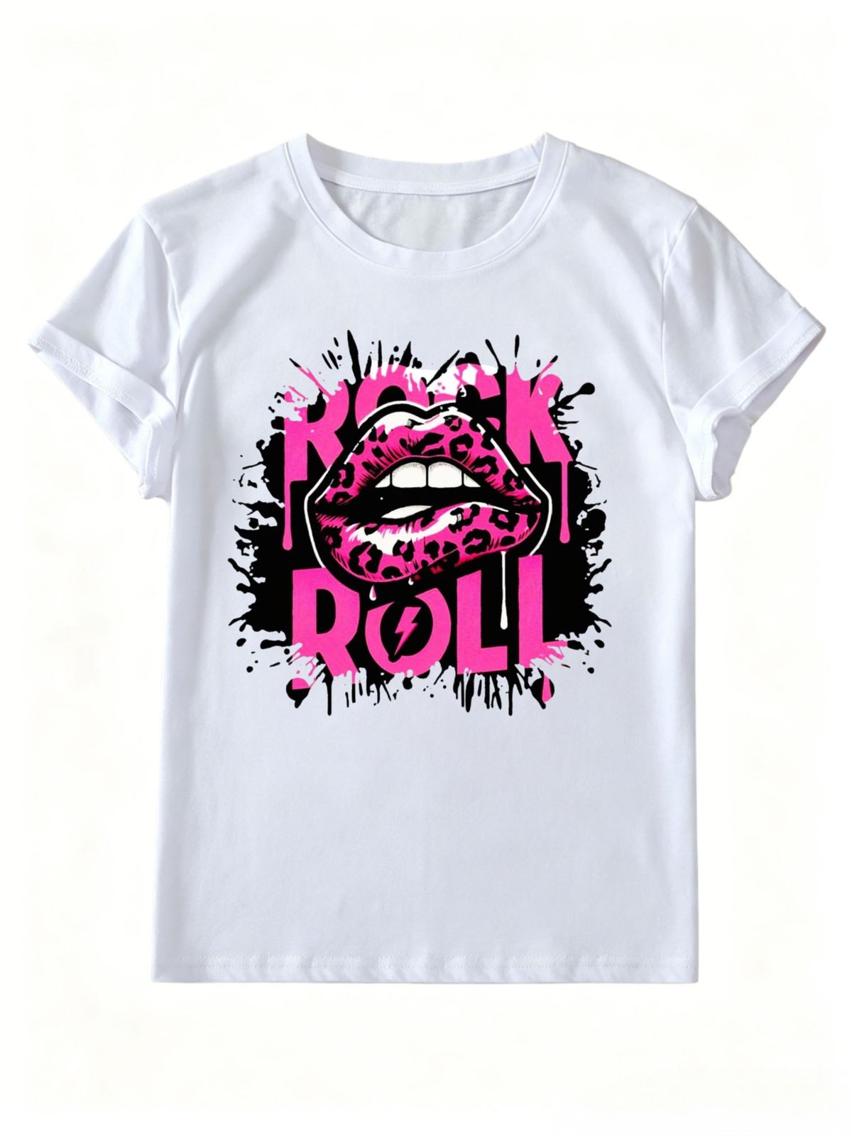 Women Crew Neck Short Sleeve T Shirt Rock Roll Leopard Lips Graphic Tee Retro Rock Music Loose Casual Streetwear Summer Tops_ecoleips.com