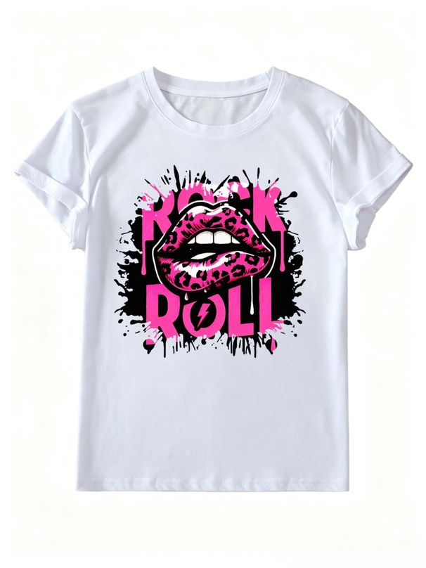 Women Crew Neck Short Sleeve T Shirt Rock Roll Leopard Lips Graphic Tee Retro Rock Music Loose Casual Streetwear Summer Tops_ecoleips.com