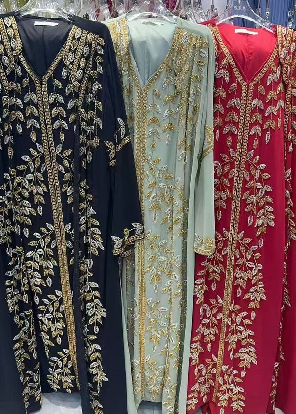 Modest Abaya Dress Luxury Embroidered Maxi Dress With Crystal Beading – Elegant V-Neck A-Line Gown For Women, Modest Long Sleeve Evening Dress_ecoleips.com
