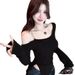 Women's Sexy Y2k Ribbed Knit Top Off Shoulder Short Crop Tee With Metal Ring Detail Curated Color Palette_ecoleips.com