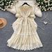 French Style Gentle A-Line Long Dress Korean Summer Elegant Waist Cinching Short Sleeved Lace Trimmed Women's Clothing_ecoleips.com