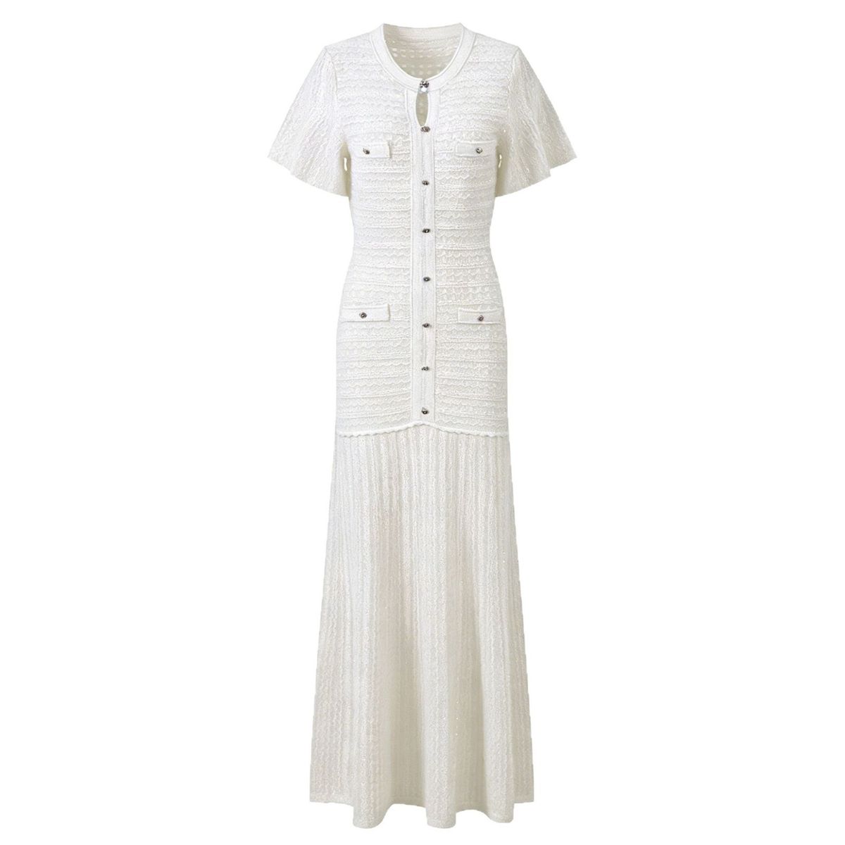 Women's European American Style Cross-Border French Waist Cinching Dress Summer round Neck Short Sleeve A-Line Knit Dress_ecoleips.com