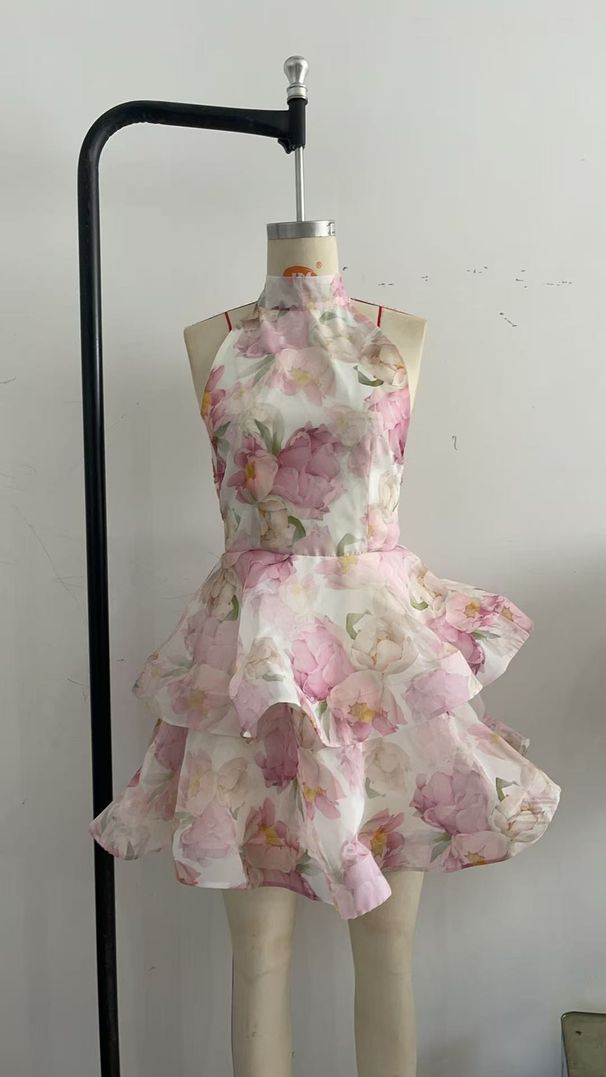 New Fashion Sexy Floral Print Backless Short Mini Dress Summer Party Vacation Casual Dress_ecoleips.com