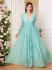 Women's Elegant Chiffon Maxi Dress With Lantern Sleeves – V-Neck A-Line High Waist Wedding Guest Dress For Party, Evening, Office (Green)_ecoleips.com