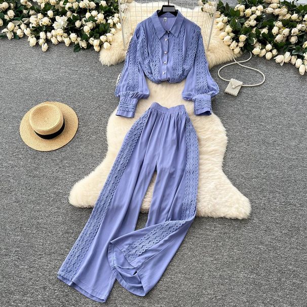 Elegant Vintage Lace Trimmed Lantern Sleeve Blouse + High-Waisted Wide-Leg Pants Set - Romantic & Office Chic_ecoleips.com