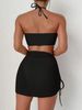 Solid Color Halter Neck Bikini Set Three Piece Swimsuit Sexy Skirt Two Piece Women's Cross Border European American Style_ecoleips.com