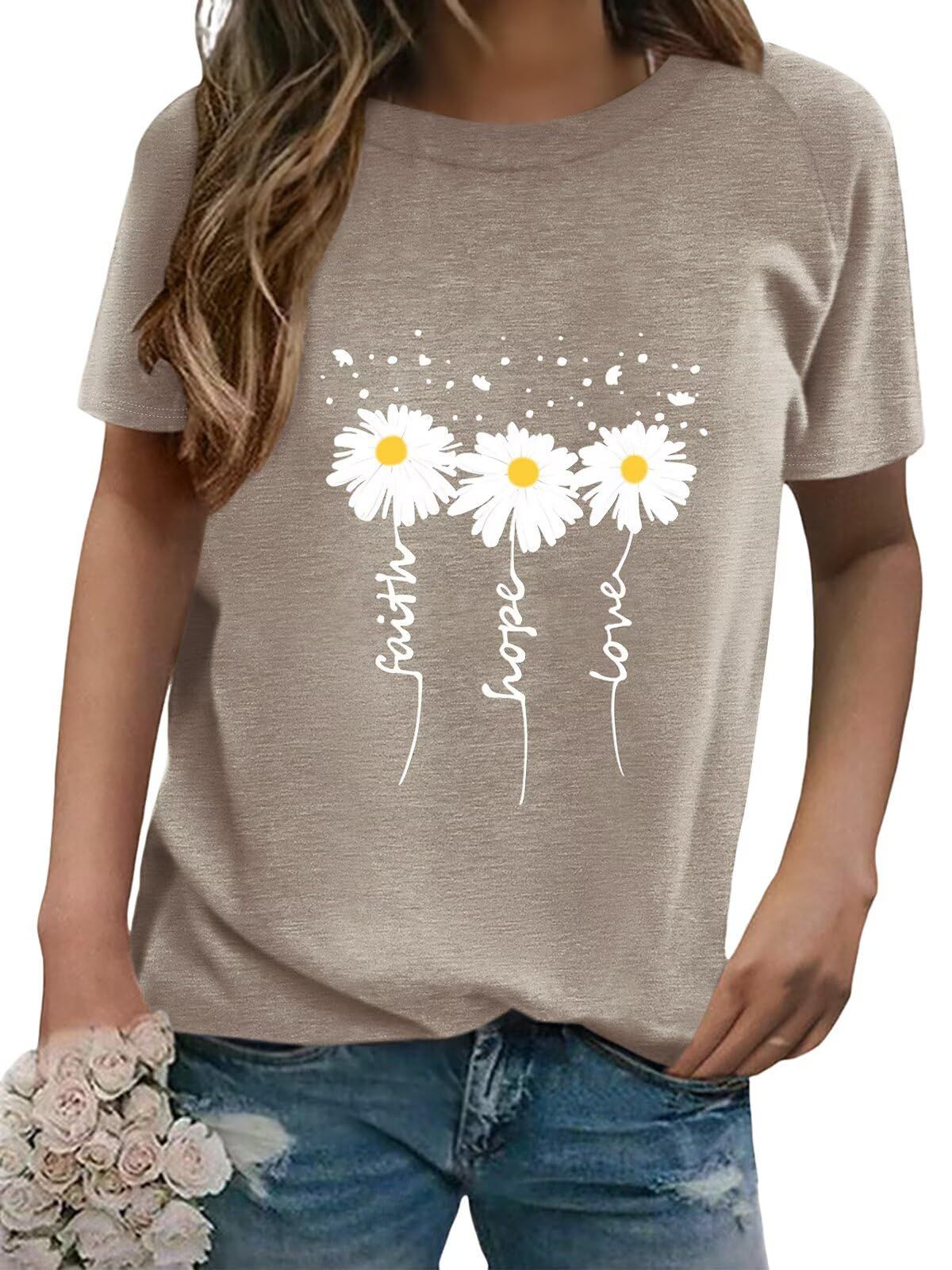 EADINVE Women Crewneck Daisy Print Short Sleeve T-Shirts Summer Faith-Hope-Love Tees Loose Fit Graphic Tops 2026_ecoleips.com