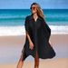 Beach Cover-Up Shirt Dress Lightweight Sheer Polo Collar Tunic Breezy Short Sleeve Swimwear One Size 4 Colors_ecoleips.com