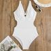 Sexy White One-Piece Swimsuit For Women V-Neck Backless Design High Waist Tummy Control Comfortable Lined Bikini Top - Perfect For Beach Vacation_ecoleips.com