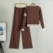Women's Clothing Striped Contrast Color Knitted Cardigan Suit Women's Spring V Neck Top Coat High Waist Wide Leg Pants Two Piece Suit_ecoleips.com