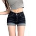 2025s Washed Turn-Up Denim Shorts For Women 2025 Summer Girl High Waist Slimming A-Line Stretch Tight Hip-Hugging Hot Pants_ecoleips.com