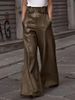 New Fashion High-Waisted Leather Pants For Women Loose Fitting Slim Fit PU Leather Flared Casual Long Trousers With Pockets_ecoleips.com