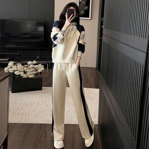 Women's Clothing Autumn Fashionable Stylish Color Matching Hooded Sweatshirt High Waist Straight Pants Two Piece Suit_ecoleips.com