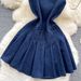 High End Niche Fashion Sleeveless Round Neck Denim Dress For Women Summer Waist Slimming Temperament Pleated Vest Skirt_ecoleips.com