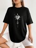 Women's Casual Black T-Shirt round Neck Short Sleeve Heart Print Loose Fit European American Style Simple Sports Top for Summer_ecoleips.com